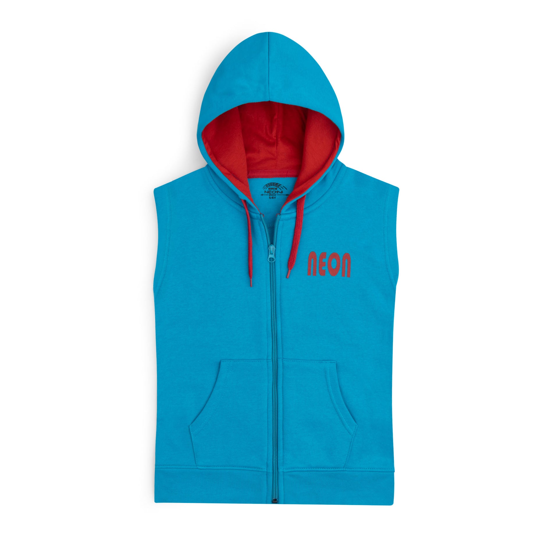 Turquoise blue sleeveless fleece zip-up hoodie for boys featuring a red hood lining, matching drawstrings, NEON chest graphic and front pockets.
