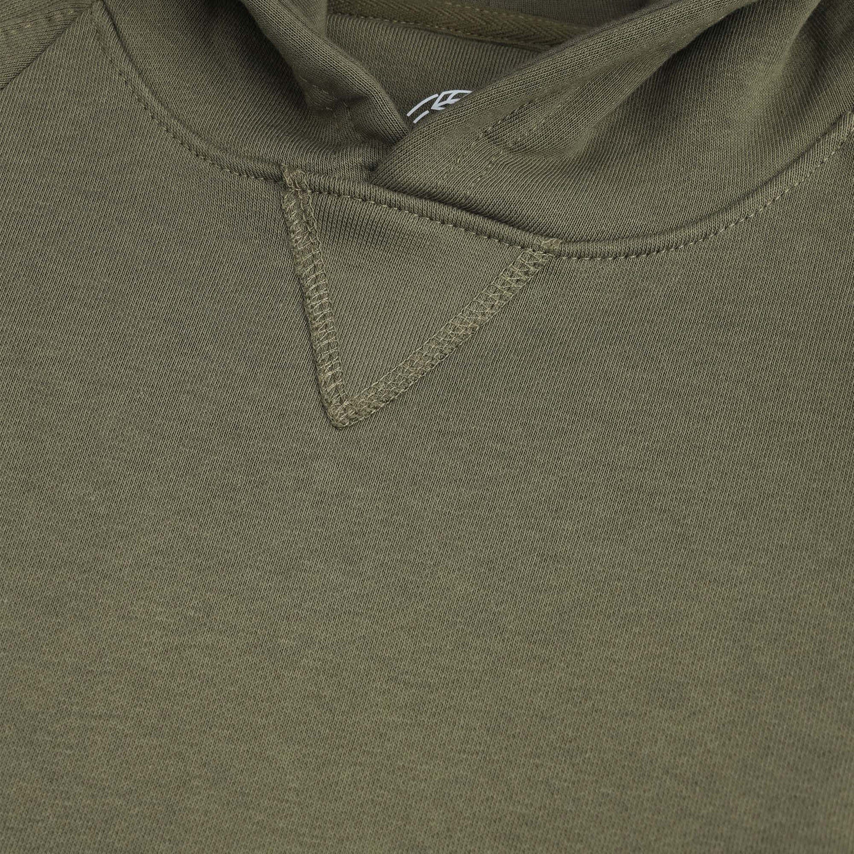 Close-up view of the boys olive fleece hoodie showing the attached hood, reinforced neckline and decorative V-shaped stitching.
