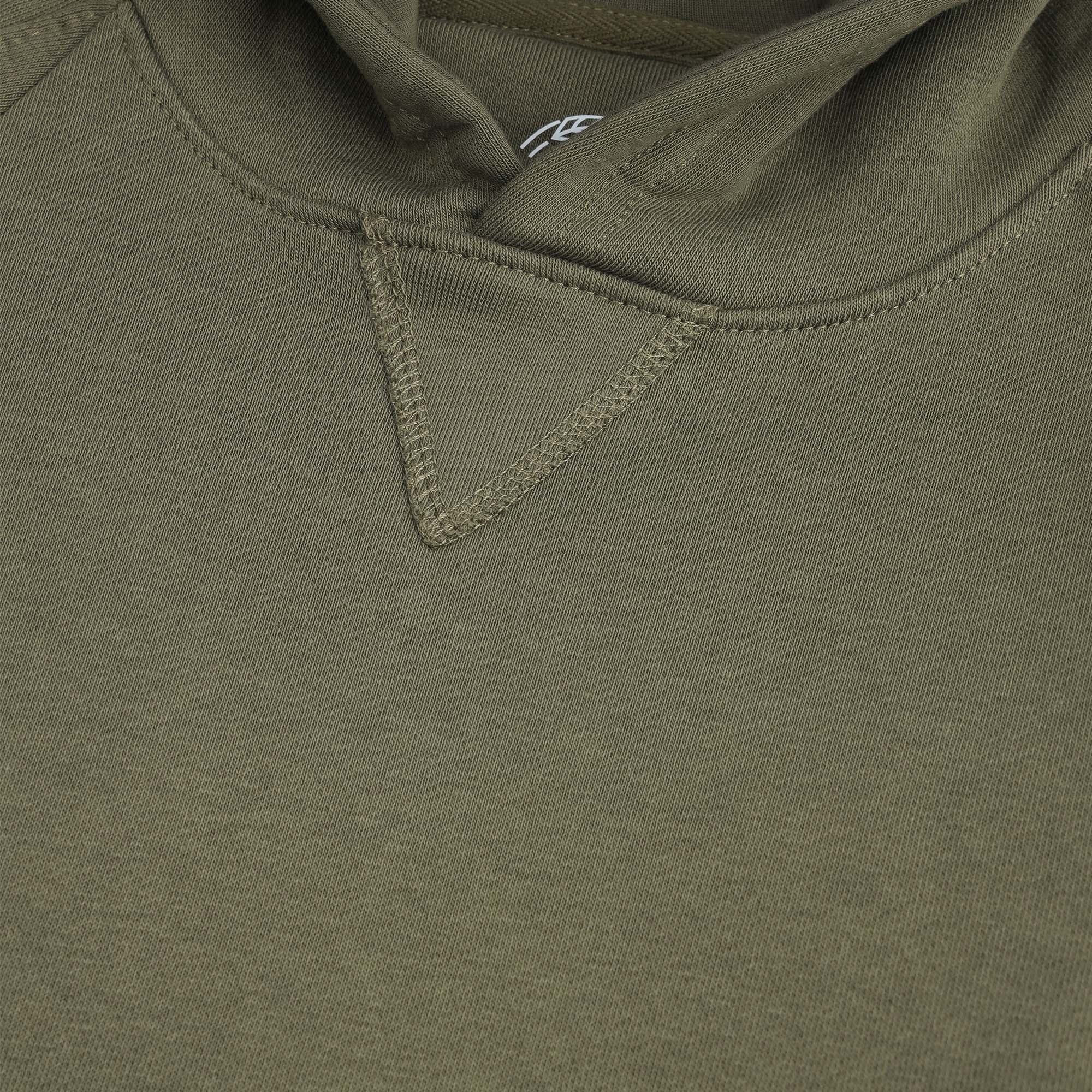 Close-up view of the boys olive fleece hoodie showing the attached hood, reinforced neckline and decorative V-shaped stitching.