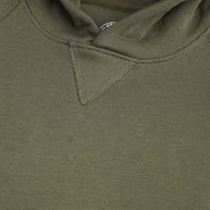 Close-up view of the boys olive fleece hoodie showing the attached hood, reinforced neckline and decorative V-shaped stitching.