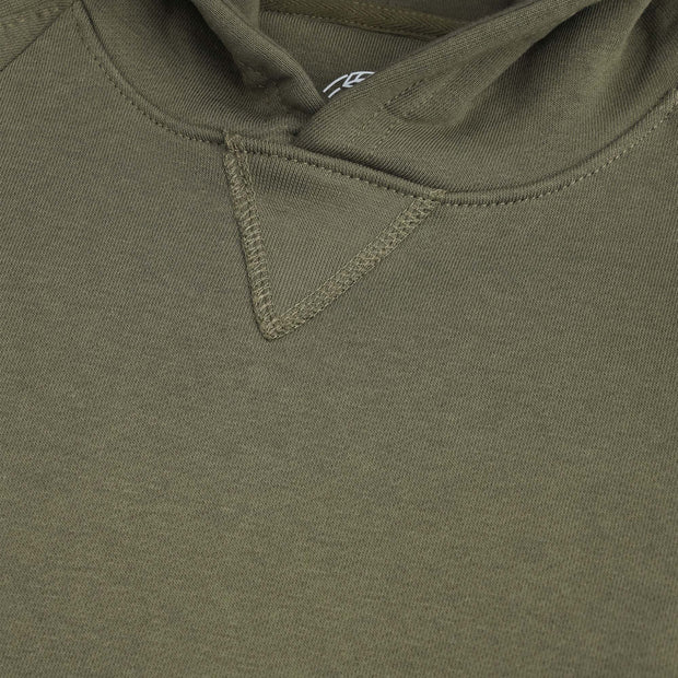 Close-up view of the boys olive fleece hoodie showing the attached hood, reinforced neckline and decorative V-shaped stitching.
