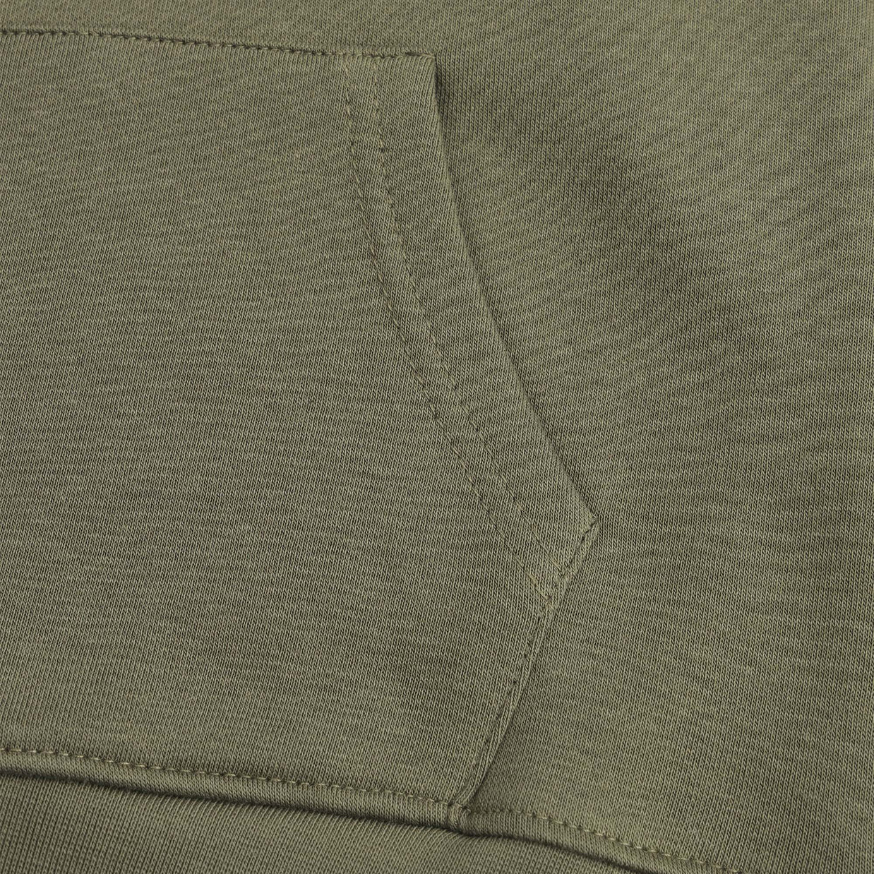 Close-up view of the boys olive fleece hoodie showing the spacious kangaroo pocket, neat tonal stitching and ribbed bottom finish.