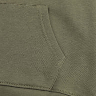 Close-up view of the boys olive fleece hoodie showing the spacious kangaroo pocket, neat tonal stitching and ribbed bottom finish.