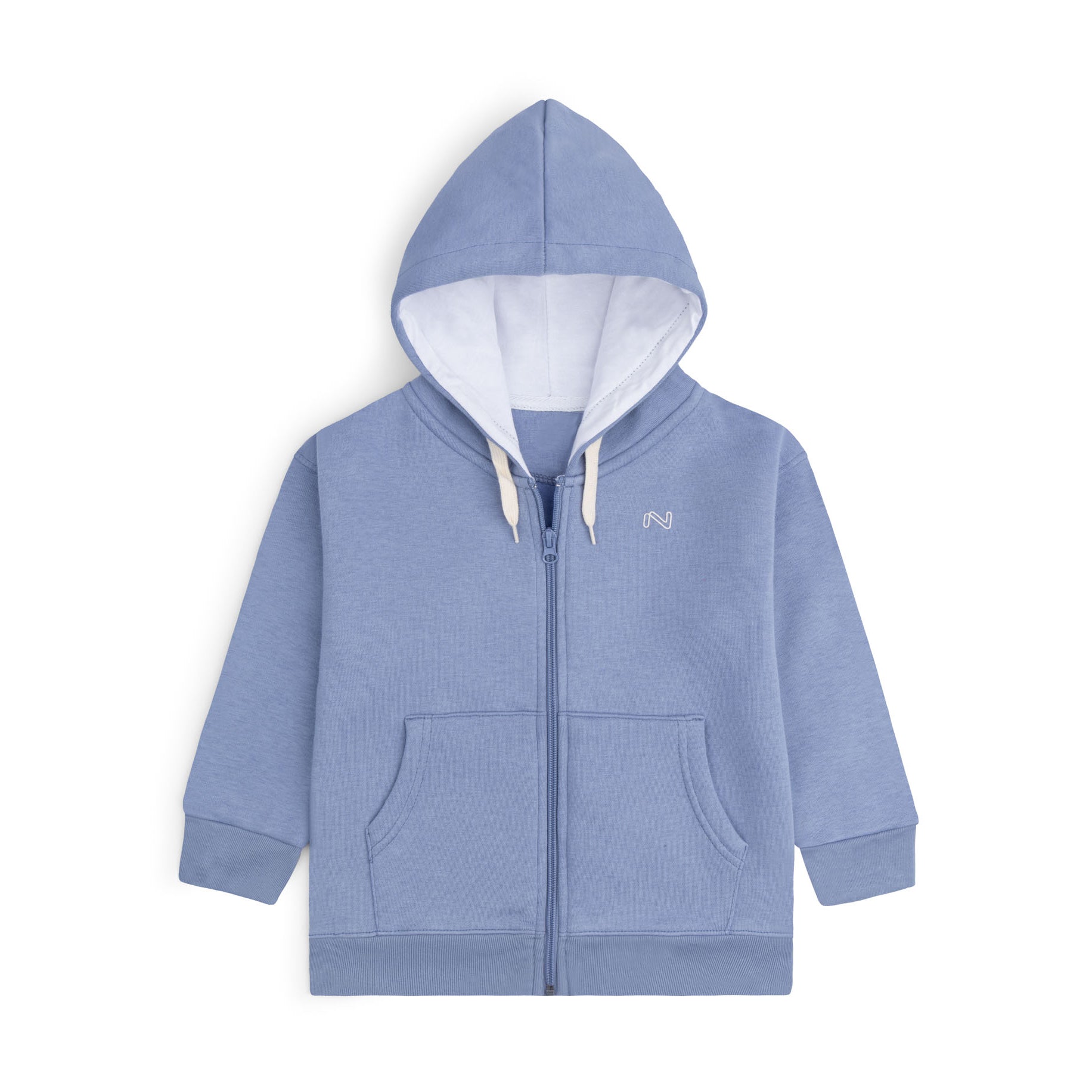 Sky blue fleece zip-up hoodie for boys and girls featuring a white hood lining, matching drawstrings, front pockets and ribbed trims.