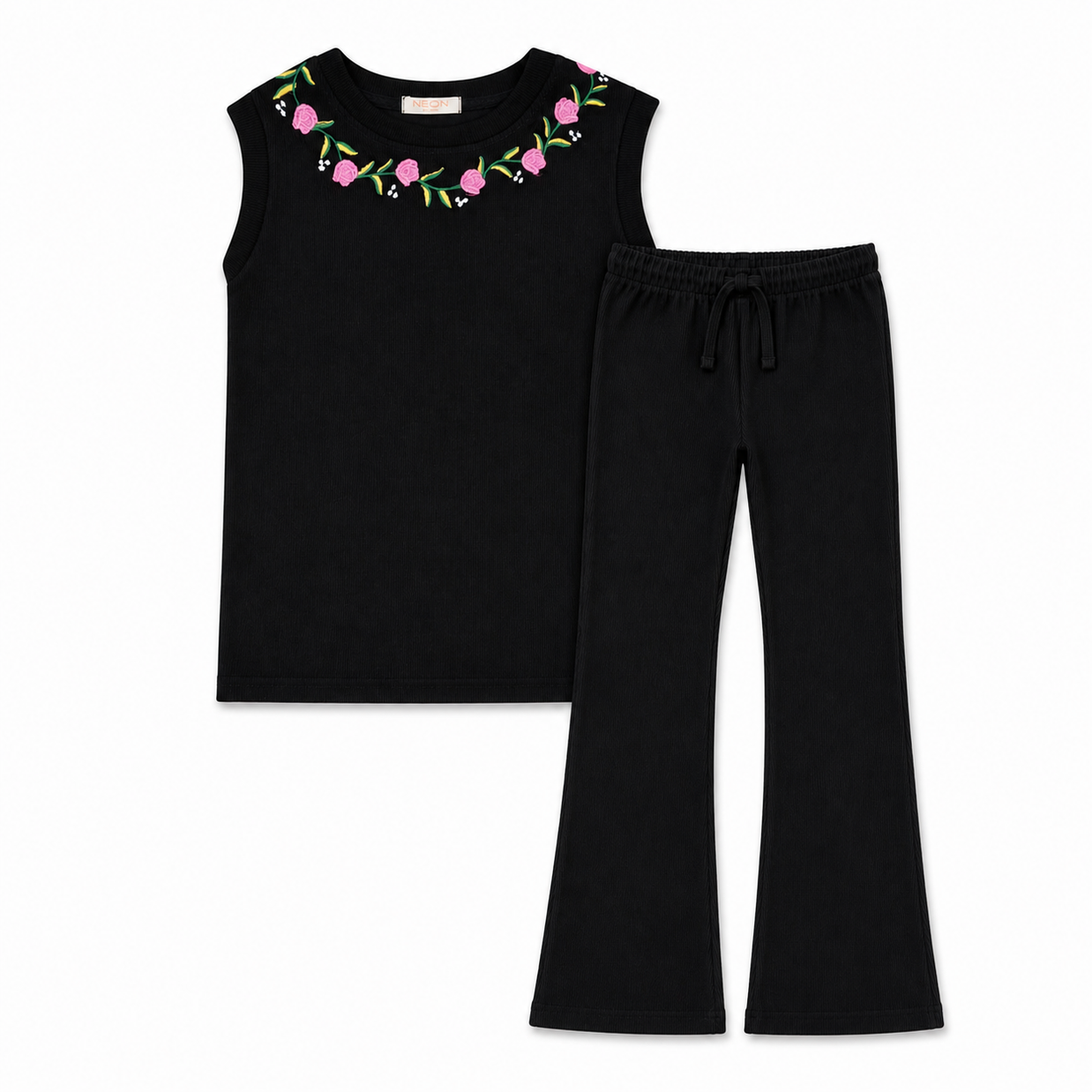 Complete view of the girls black rib co-ord set featuring a sleeveless floral-embroidered top with matching flared drawstring trousers.