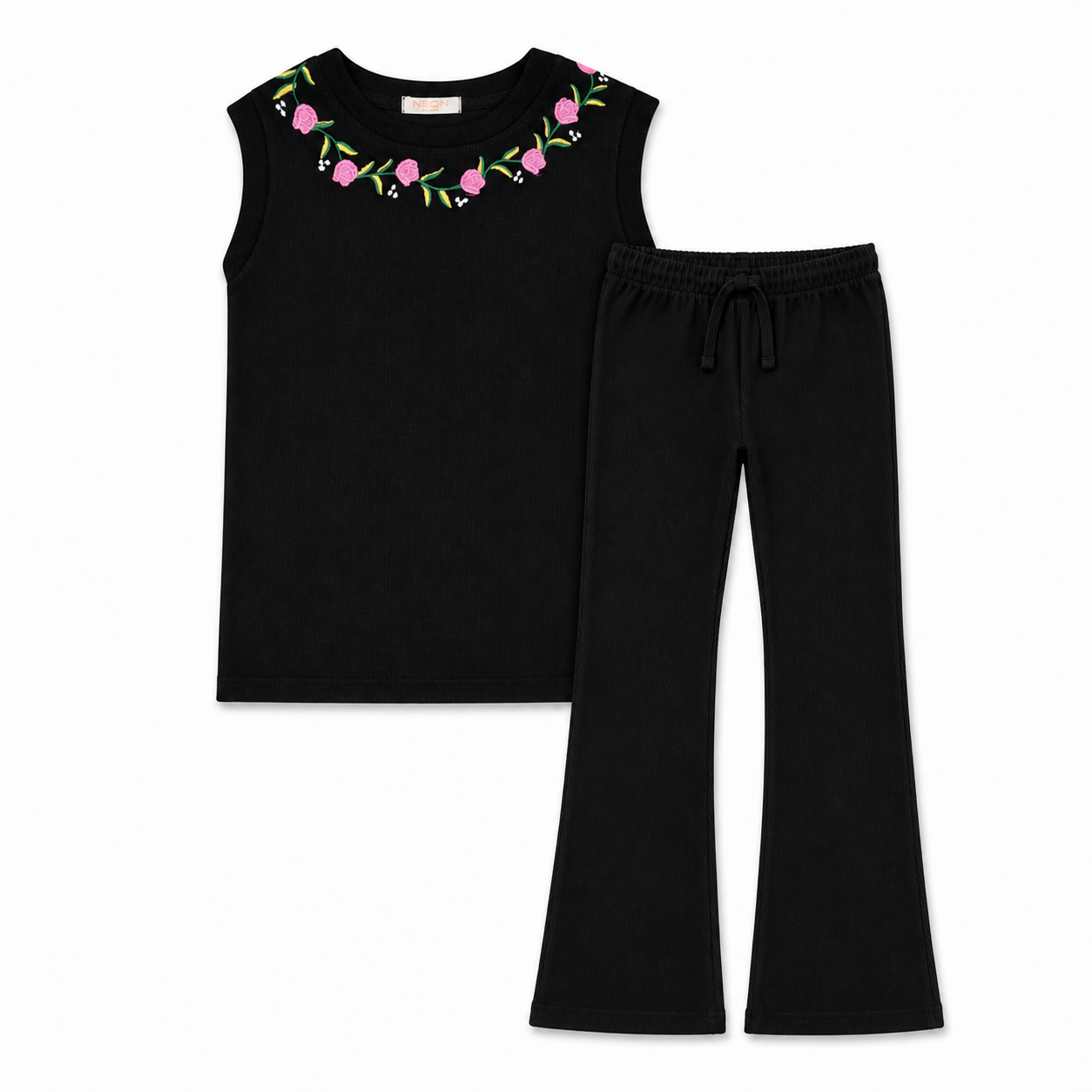 Complete view of the girls black rib co-ord set featuring a sleeveless floral-embroidered top with matching flared drawstring trousers.