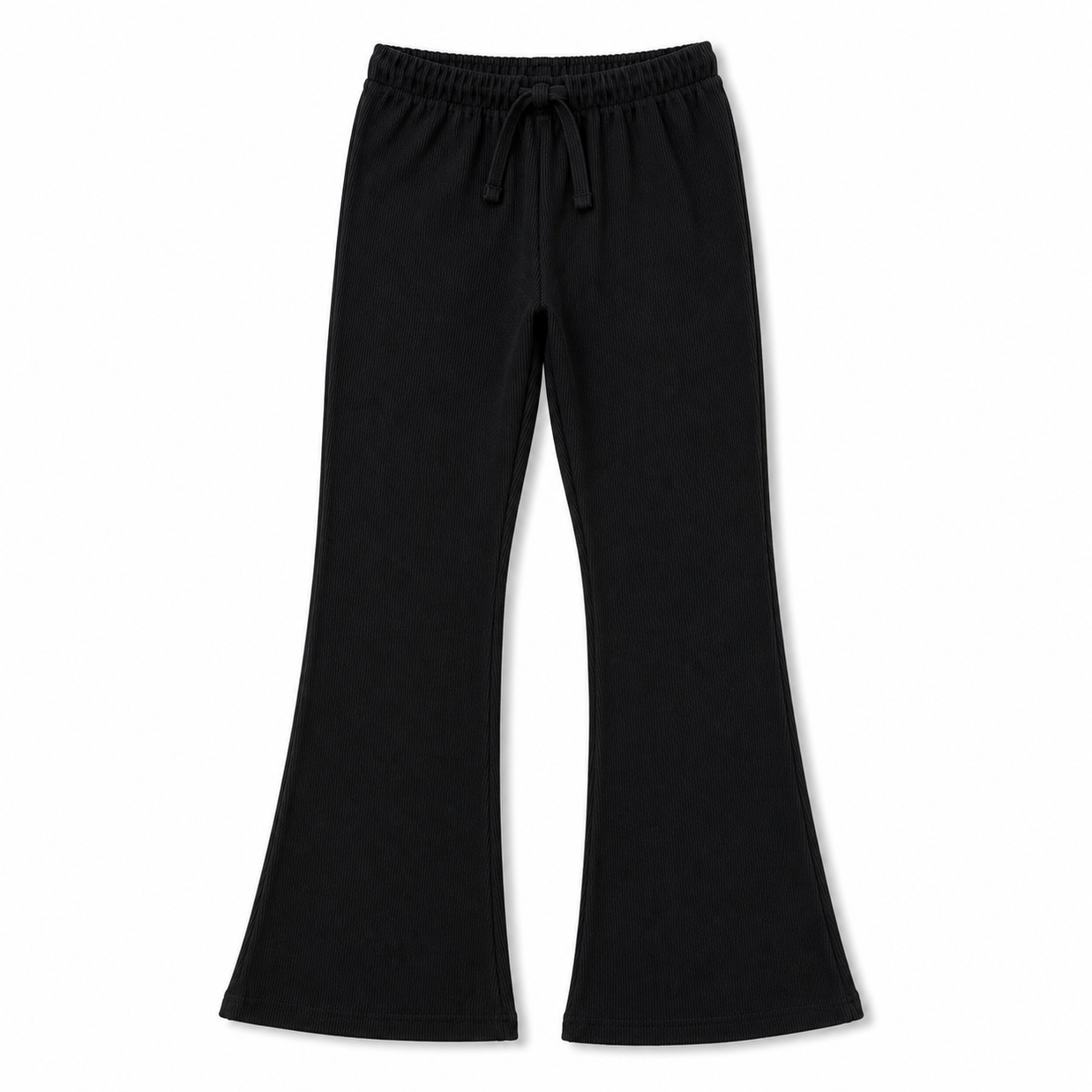 Front view of the girls black rib flared trousers featuring an elasticated drawstring waist, slim upper fit and wide bottoms.