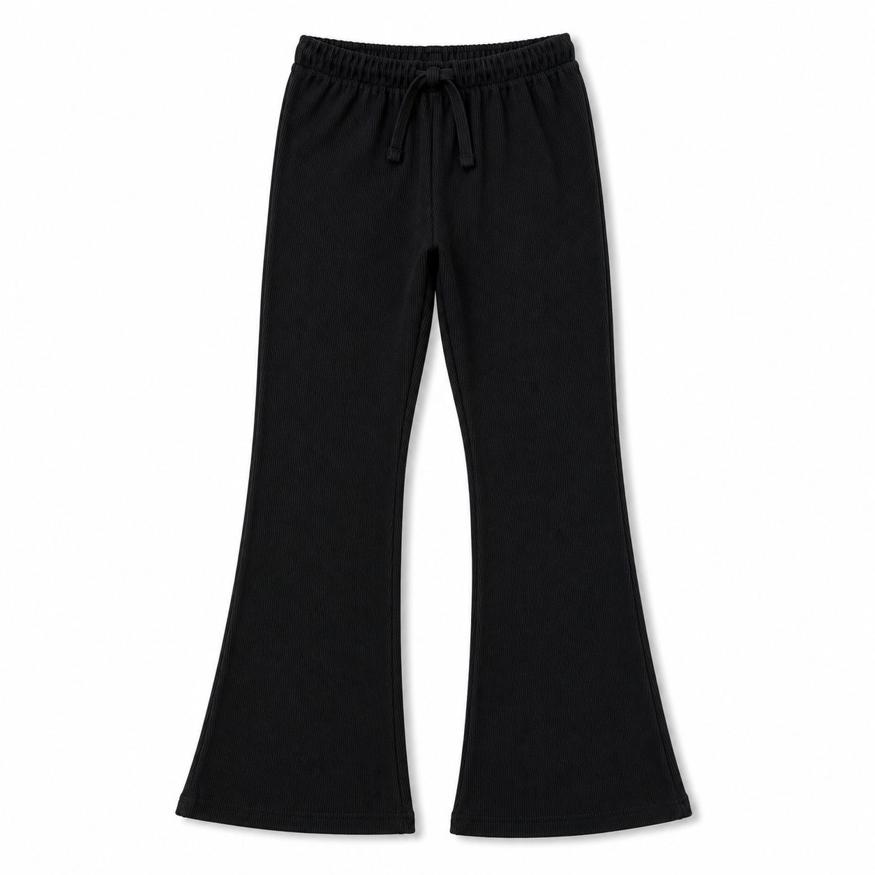 Front view of the girls black rib flared trousers featuring an elasticated drawstring waist, slim upper fit and wide bottoms.