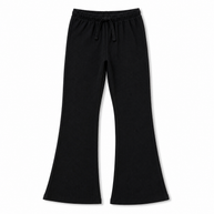 Front view of the girls black rib flared trousers featuring an elasticated drawstring waist, slim upper fit and wide bottoms.