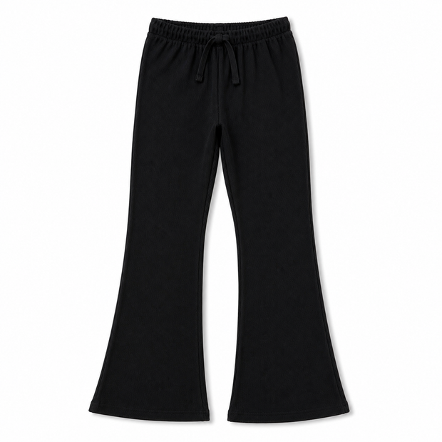 Front view of the girls black rib flared trousers featuring an elasticated drawstring waist, slim upper fit and wide bottoms.