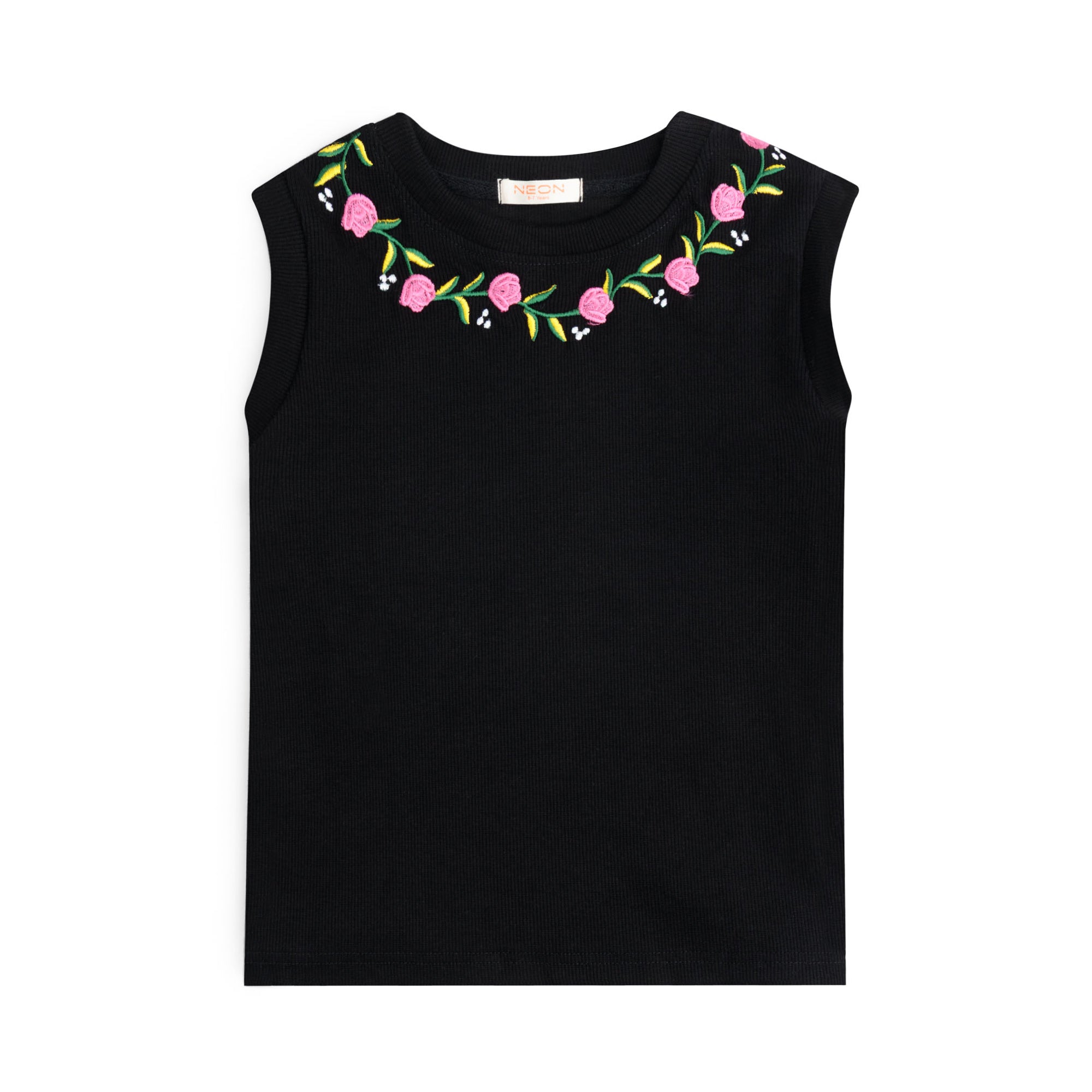 Front view of the girls black sleeveless rib top featuring colorful pink floral embroidery around the round neckline.