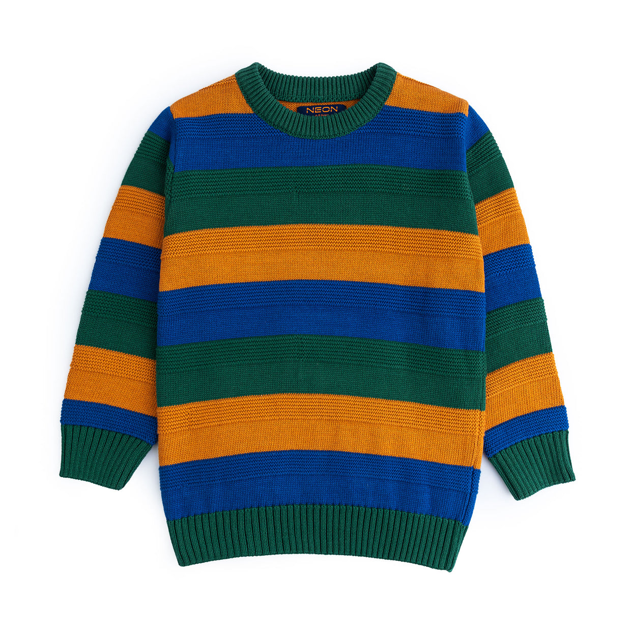 Boys multicolor cotton sweater featuring wide green, royal blue and mustard horizontal stripes with a crew neck and ribbed edges.