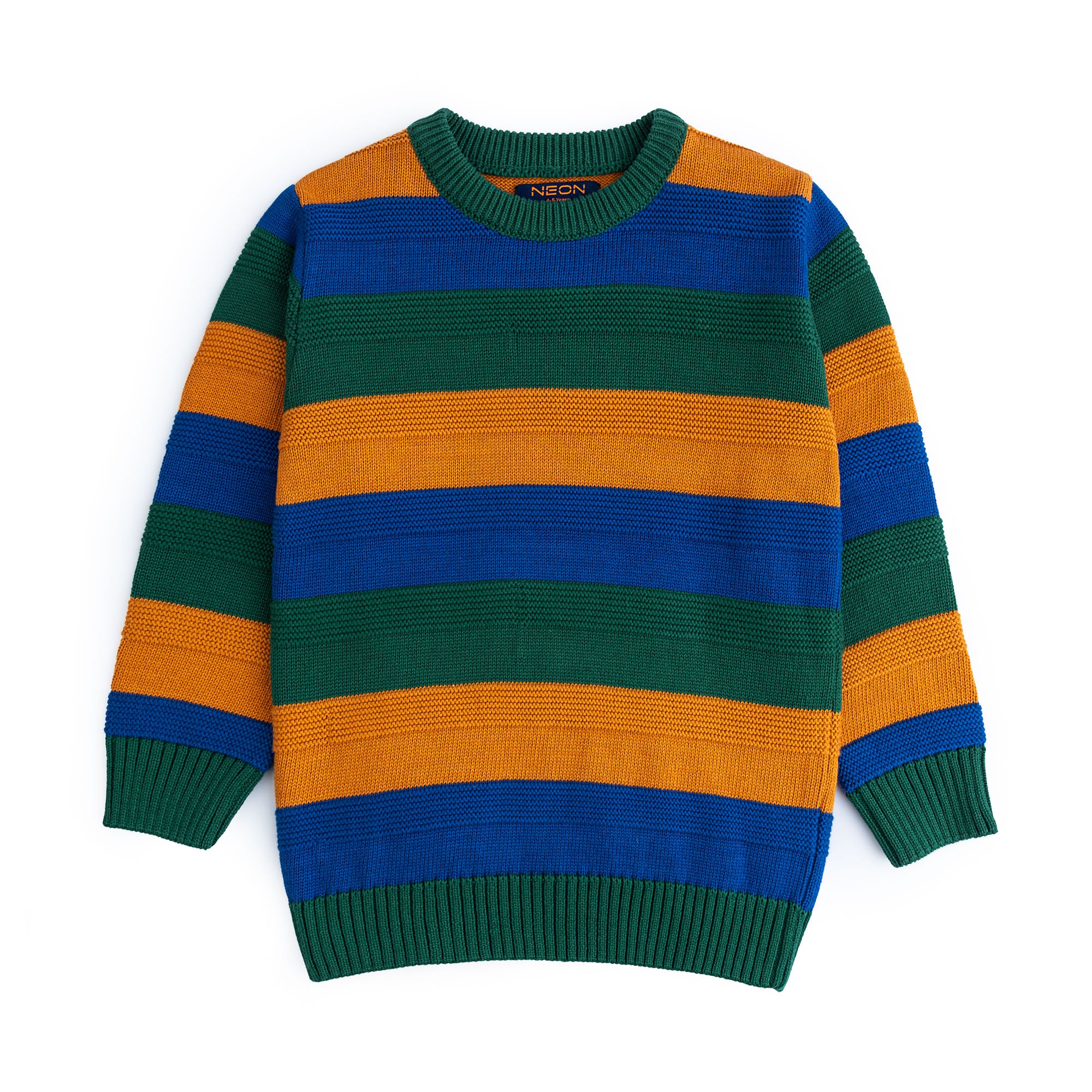 Boys multicolor cotton sweater featuring wide green, royal blue and mustard horizontal stripes with a crew neck and ribbed edges.