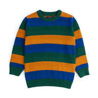 Boys multicolor cotton sweater featuring wide green, royal blue and mustard horizontal stripes with a crew neck and ribbed edges.