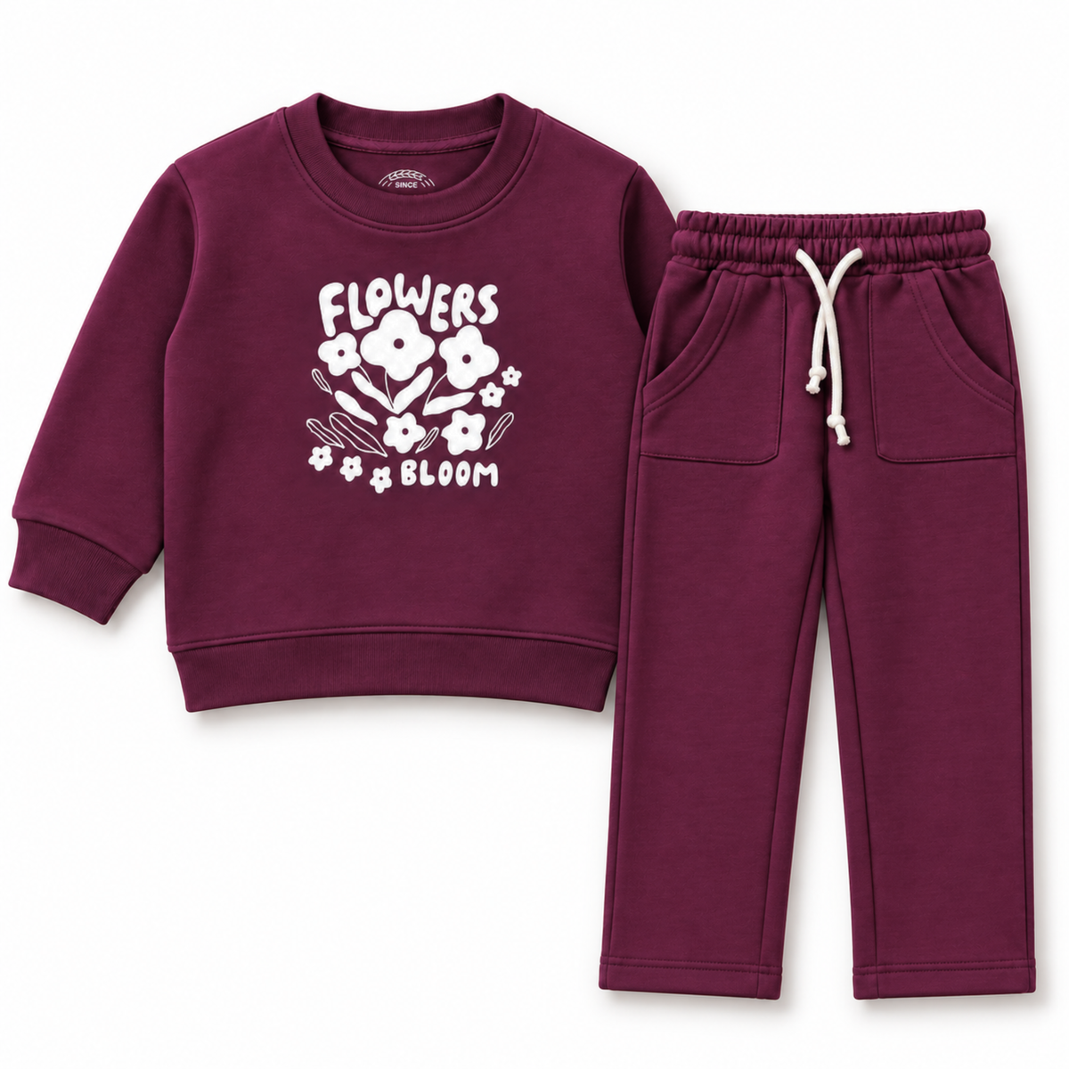 Girls deep berry fleece co-ord set with floral sweatshirt and matching straight-leg trousers
