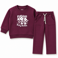 Girls deep berry fleece co-ord set with floral sweatshirt and matching straight-leg trousers