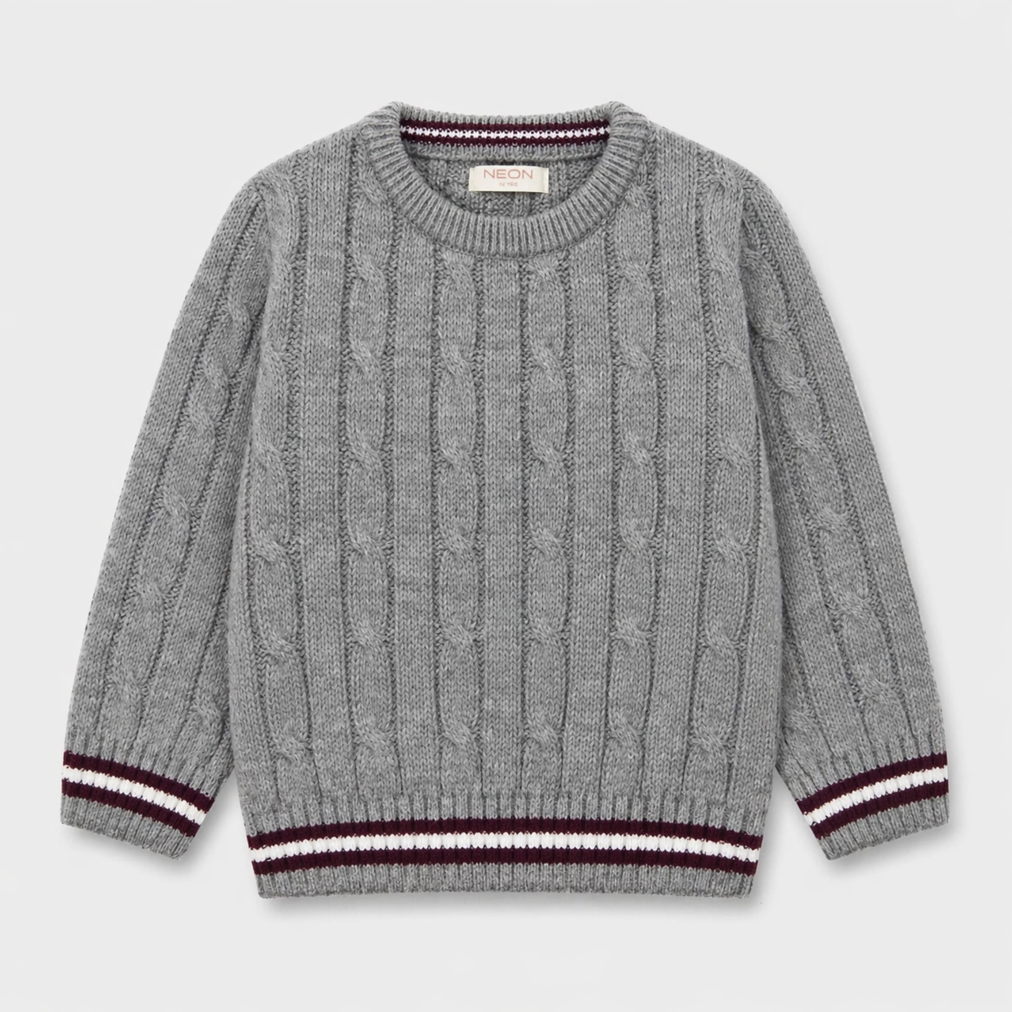 Front view of a heather-grey cable-knit sweater for boys, featuring a crew neck and contrasting burgundy and white stripes along the ribbed cuffs and bottom edge.