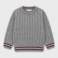 Front view of a heather-grey cable-knit sweater for boys, featuring a crew neck and contrasting burgundy and white stripes along the ribbed cuffs and bottom edge.