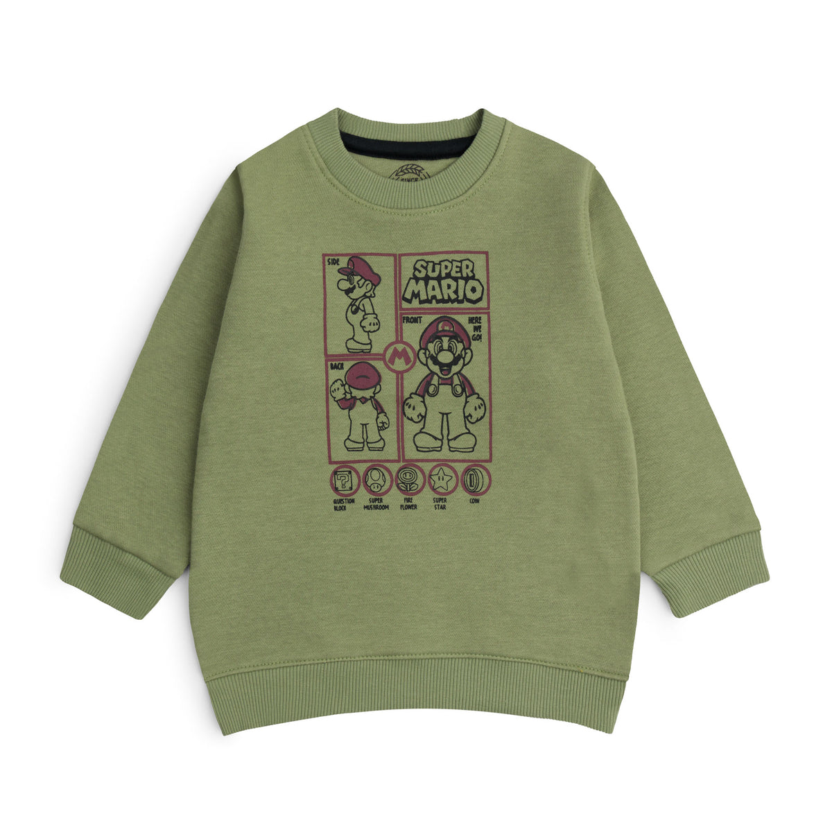 Olive green fleece sweatshirt for boys featuring a vintage-style Super Mario character graphic and ribbed neckline, cuffs and hem.