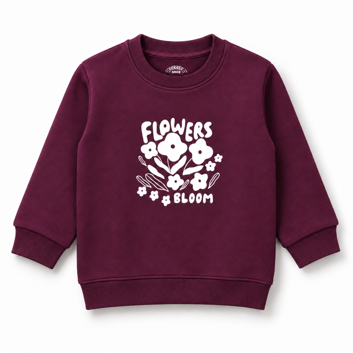 Front view of girls deep berry fleece sweatshirt with white Flowers Bloom floral graphic
