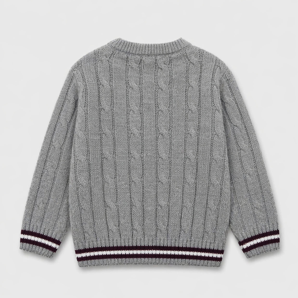 Back view of the boys heather-grey acrylic sweater, showing an all-over cable-knit pattern with burgundy and white striped ribbed finishing.