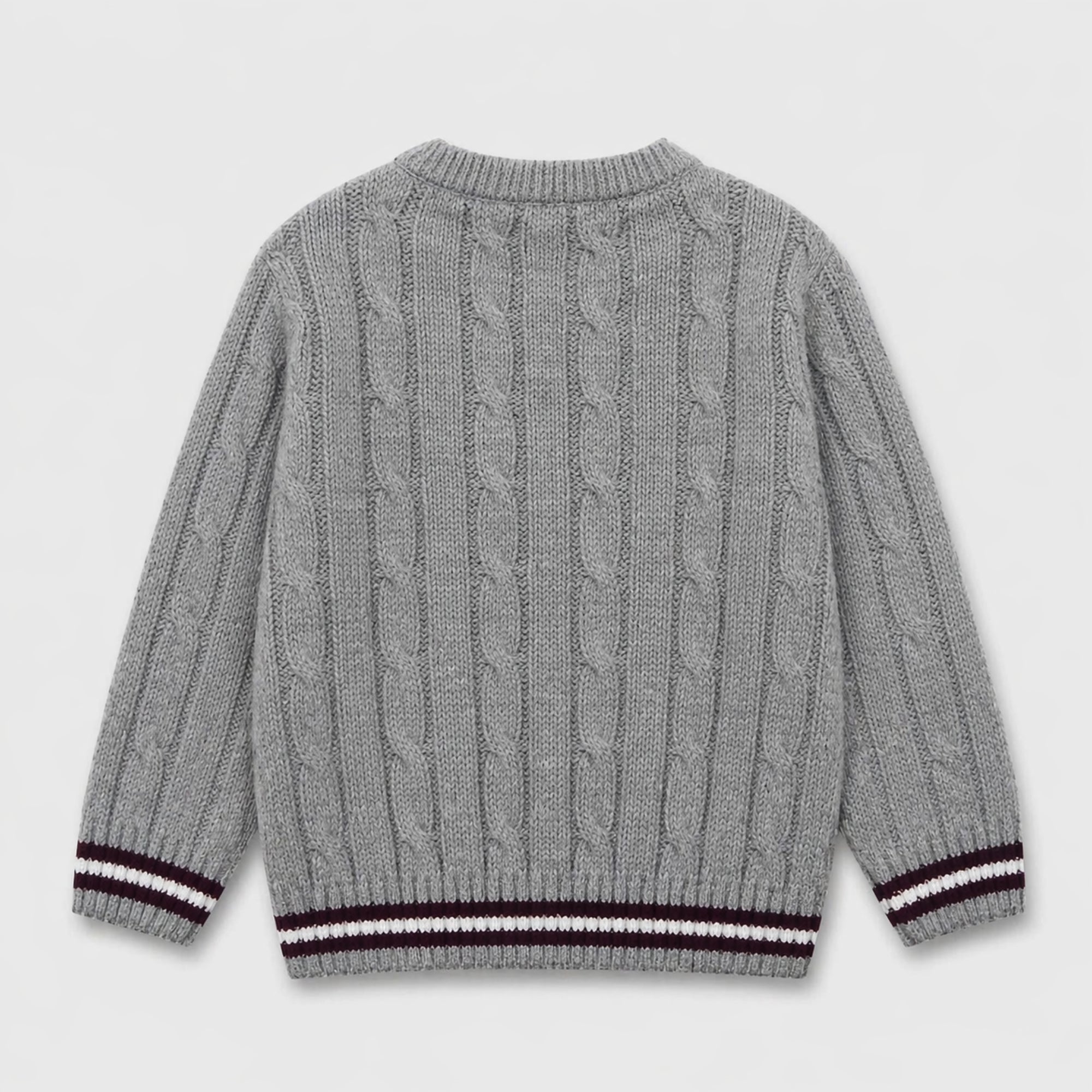 Back view of the boys heather-grey acrylic sweater, showing an all-over cable-knit pattern with burgundy and white striped ribbed finishing.