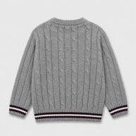 Back view of the boys heather-grey acrylic sweater, showing an all-over cable-knit pattern with burgundy and white striped ribbed finishing.
