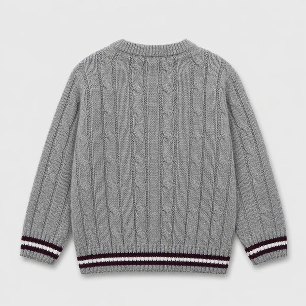 Back view of the boys heather-grey acrylic sweater, showing an all-over cable-knit pattern with burgundy and white striped ribbed finishing.
