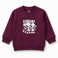 Front view of girls deep berry fleece sweatshirt with white Flowers Bloom floral graphic