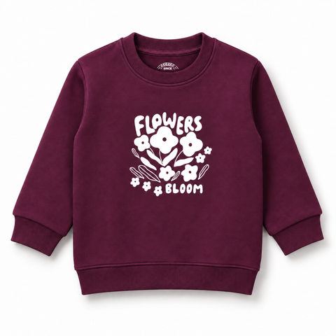 Front view of girls deep berry fleece sweatshirt with white Flowers Bloom floral graphic