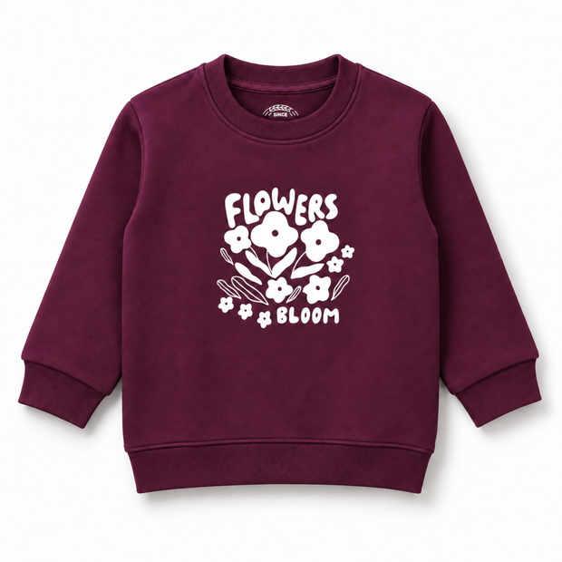 Front view of girls deep berry fleece sweatshirt with white Flowers Bloom floral graphic