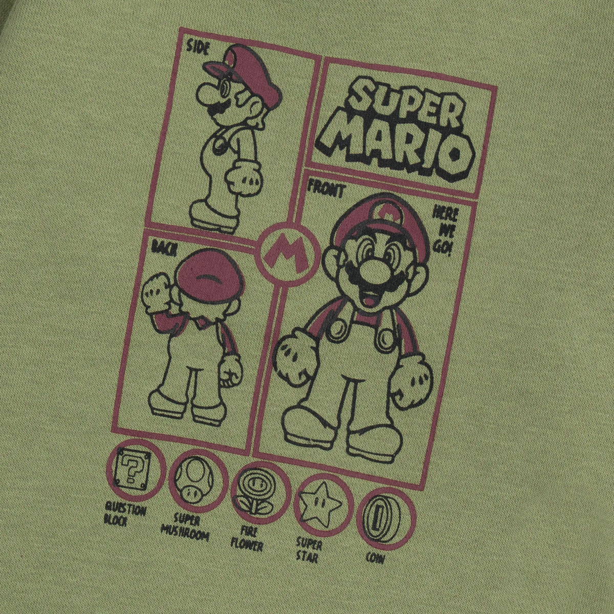 Close-up of the burgundy and black Super Mario character graphic printed on the boys olive green fleece sweatshirt.