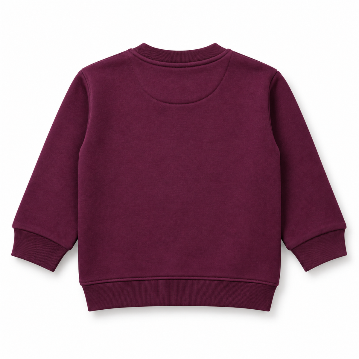 Back view of girls deep berry fleece sweatshirt with ribbed neckline, cuffs and hem