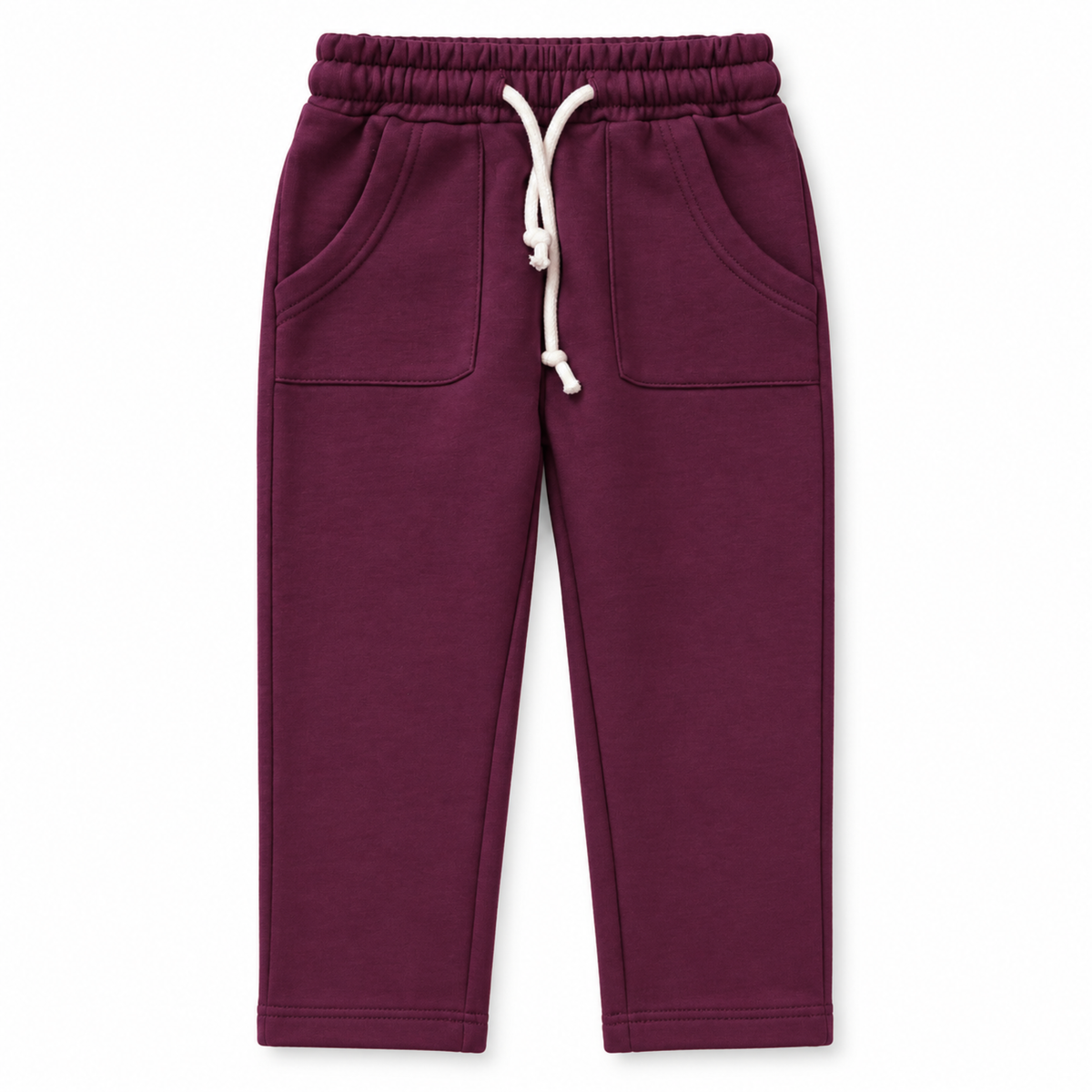 Front view of girls deep berry fleece trousers with patch pockets and off-white drawstring waist