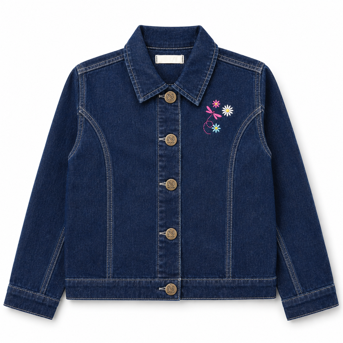 Front view of the girls dark-wash denim jacket featuring colorful floral and dragonfly embroidery, a pointed collar, contrast stitching and metal buttons.