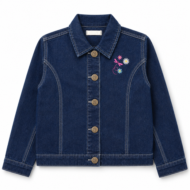 Front view of the girls dark-wash denim jacket featuring colorful floral and dragonfly embroidery, a pointed collar, contrast stitching and metal buttons.