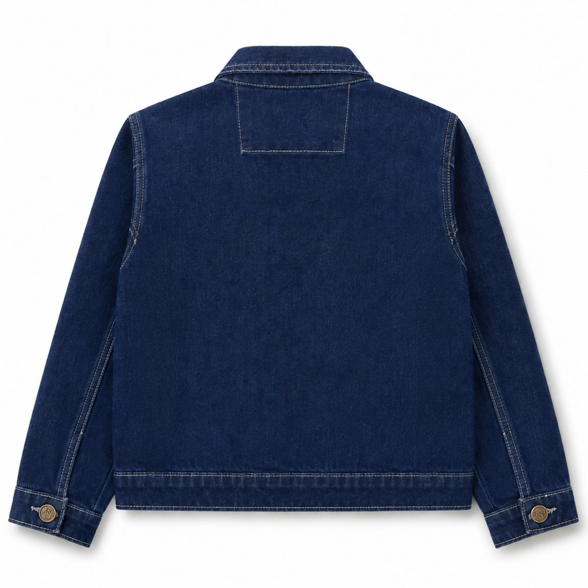 Back view of the girls dark-wash denim jacket showing a clean plain design, structured panel stitching, long sleeves and buttoned cuffs.