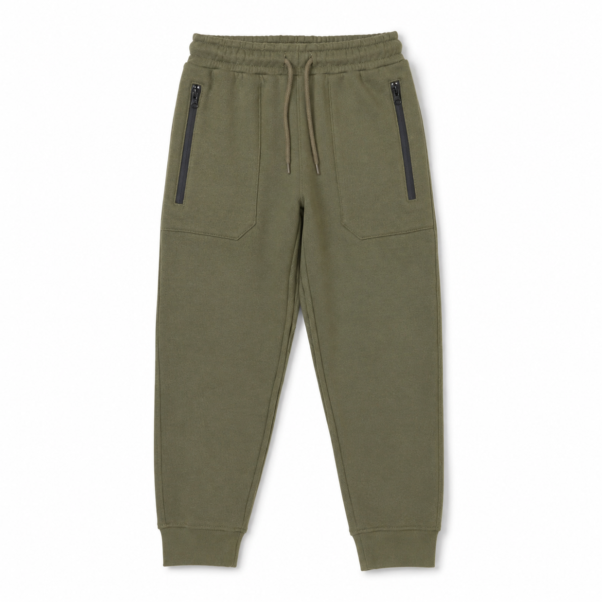 Front view of boys olive green fleece joggers featuring an elasticated drawstring waist, black-trimmed front pockets and ribbed ankle cuffs.