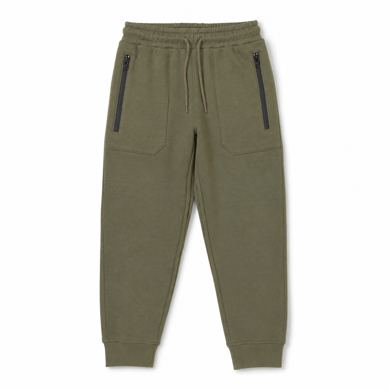 Front view of boys olive green fleece joggers featuring an elasticated drawstring waist, black-trimmed front pockets and ribbed ankle cuffs.