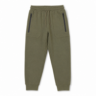 Front view of boys olive green fleece joggers featuring an elasticated drawstring waist, black-trimmed front pockets and ribbed ankle cuffs.
