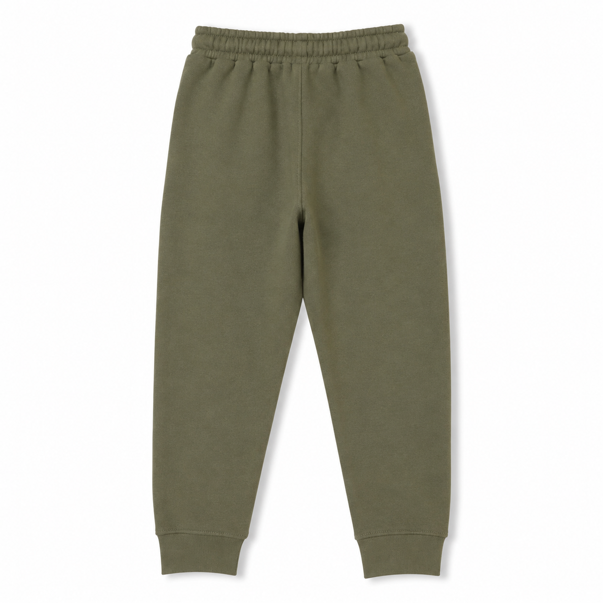 Back view of boys olive green fleece joggers featuring an elasticated waist, regular fit and ribbed ankle cuffs.