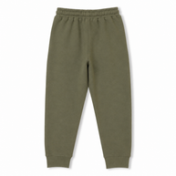 Back view of boys olive green fleece joggers featuring an elasticated waist, regular fit and ribbed ankle cuffs.