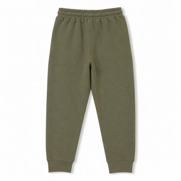 Back view of boys olive green fleece joggers featuring an elasticated waist, regular fit and ribbed ankle cuffs.