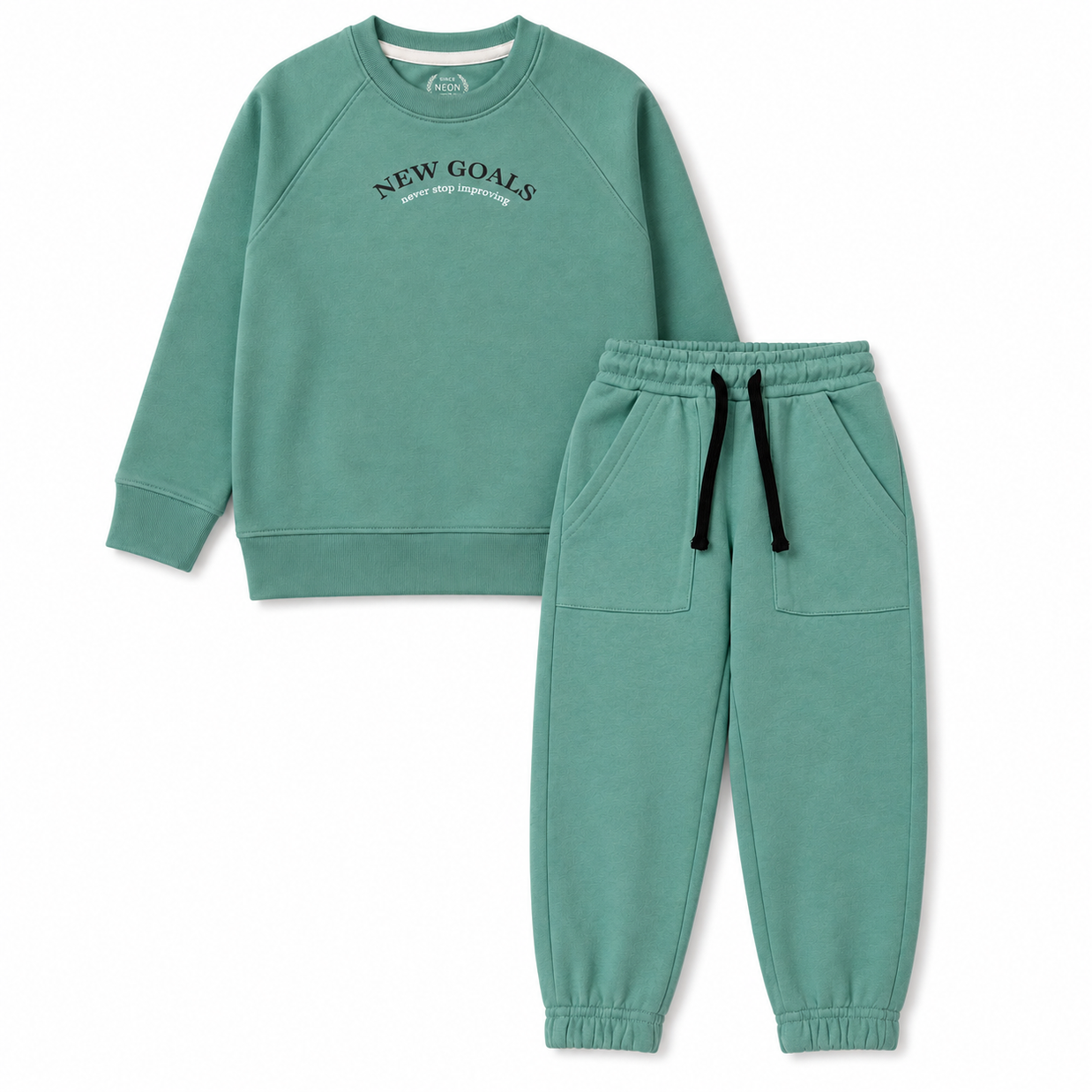 Complete view of the boys sage-green fleece co-ord set featuring a New Goals sweatshirt with matching drawstring joggers.
