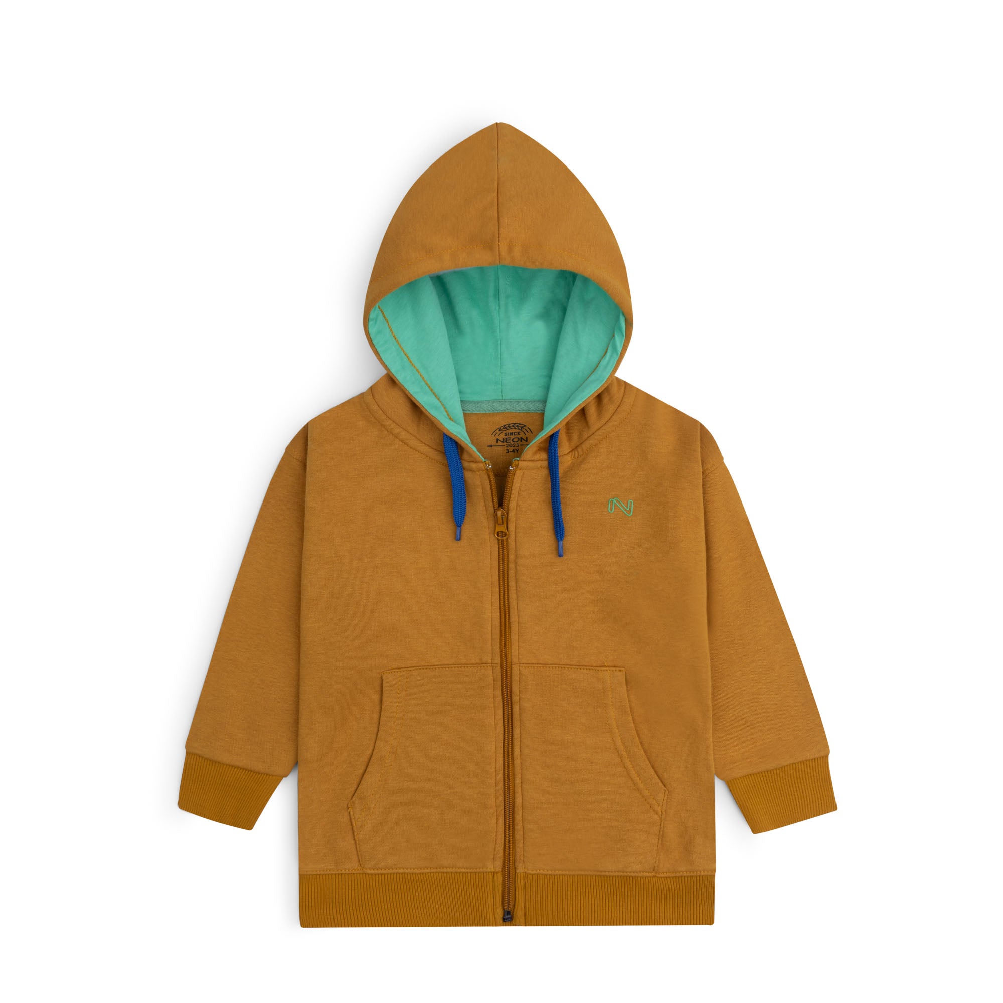 Mustard yellow fleece zip-up hoodie for boys and girls featuring a turquoise hood lining, blue drawstrings, front pockets and ribbed trims.