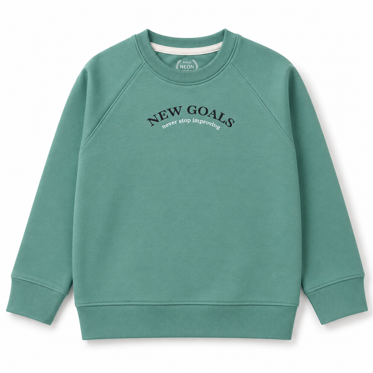 Front view of the boys sage-green fleece sweatshirt featuring a New Goals chest graphic, crew neckline, raglan sleeves and ribbed finishes.