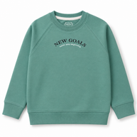 Front view of the boys sage-green fleece sweatshirt featuring a New Goals chest graphic, crew neckline, raglan sleeves and ribbed finishes.