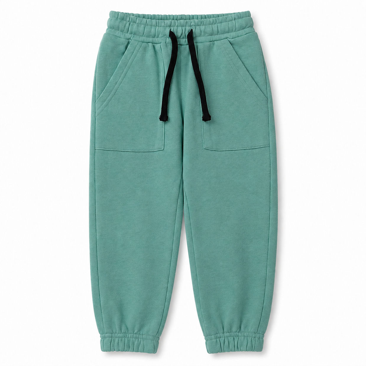 Front view of the boys sage-green fleece joggers featuring a black drawstring, elasticated waistband, front patch pockets and elasticated ankle cuffs.