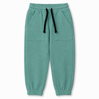 Front view of the boys sage-green fleece joggers featuring a black drawstring, elasticated waistband, front patch pockets and elasticated ankle cuffs.