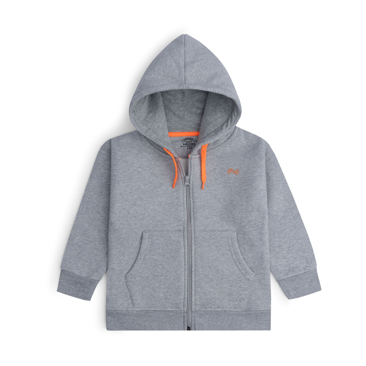 Heather grey fleece zip-up hoodie for boys and girls featuring orange drawstrings, an embroidered chest logo, front pockets and ribbed trims.
